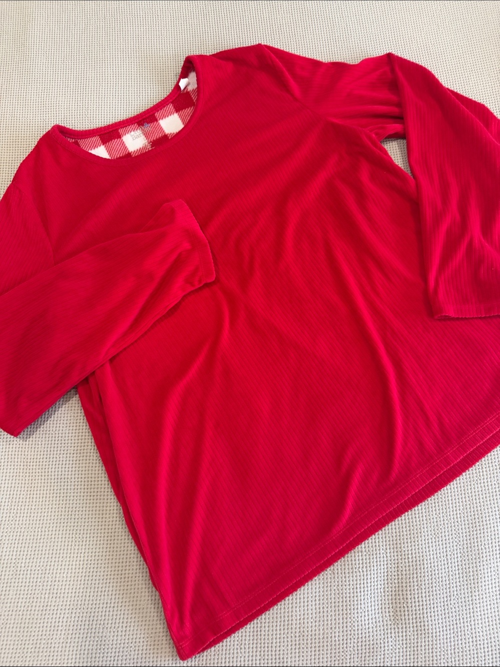 croft & barrow Red Ribbed Long-Sleeve Tee with Gingham Trim